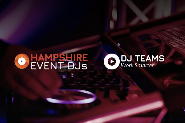DJ desk with DJ Teams and Hampshire Event DJs logos