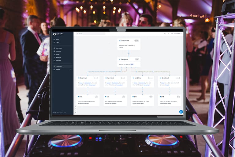 Wedding party with a laptop displaying the DJ Teams dashboard